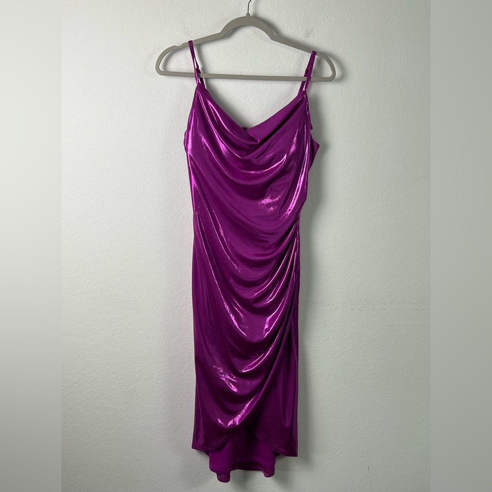 Guess Liquid Foil Ruched Cowl Neck Sleeveless Slip Dress